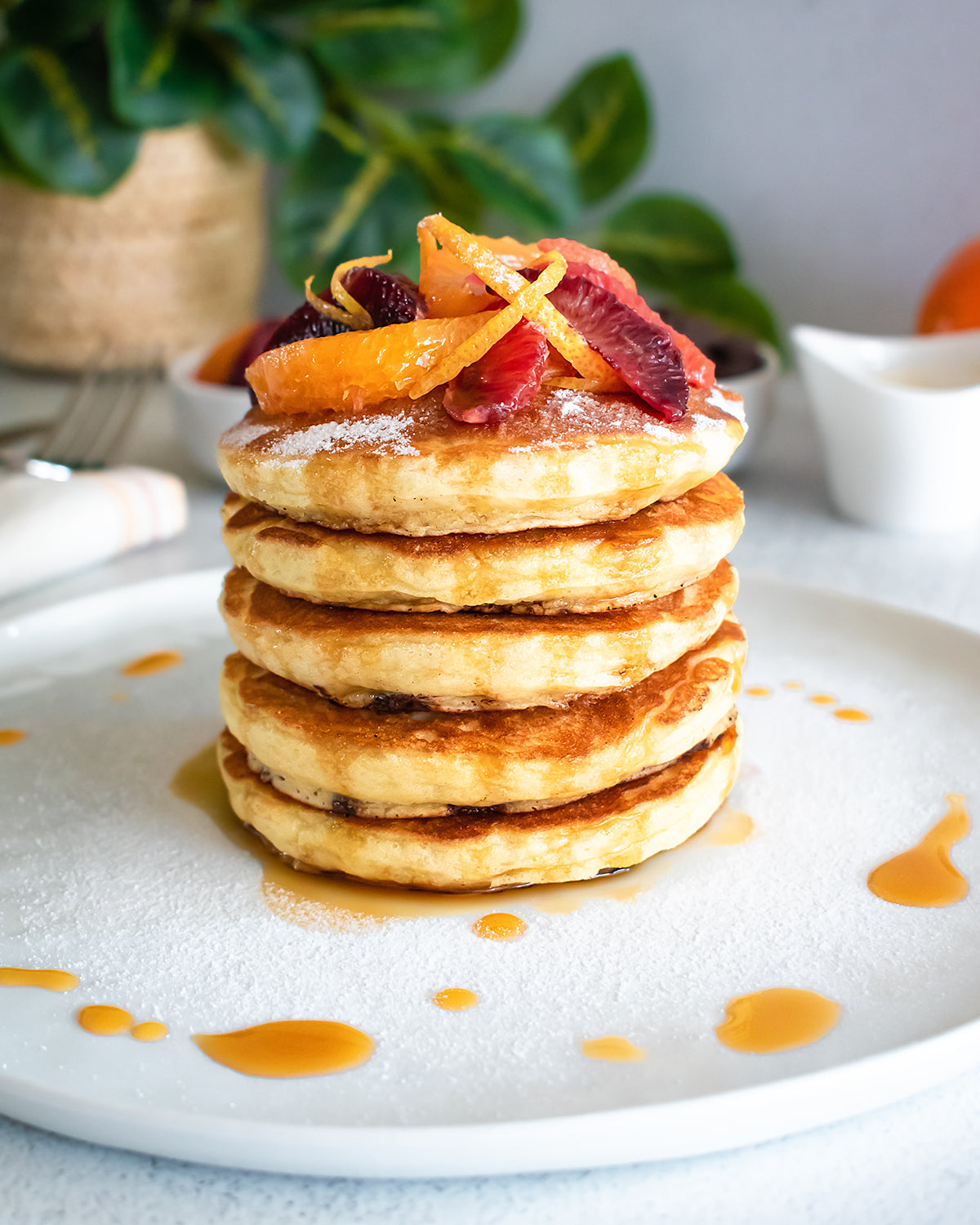 Vegan Buttermilk Pancakes with Chocolate Chips and Orange Compote