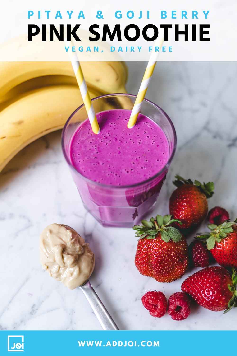 Pink Smoothie Made with JOI, Pitaya, Goji Powder, and Chia Seeds