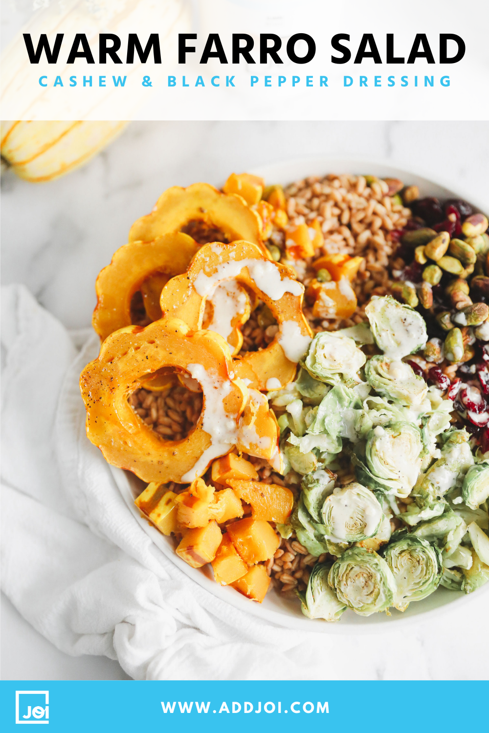 Warm Fall Farro Salad with Cashew & Cracked Pepper Dressing | Made with JOI