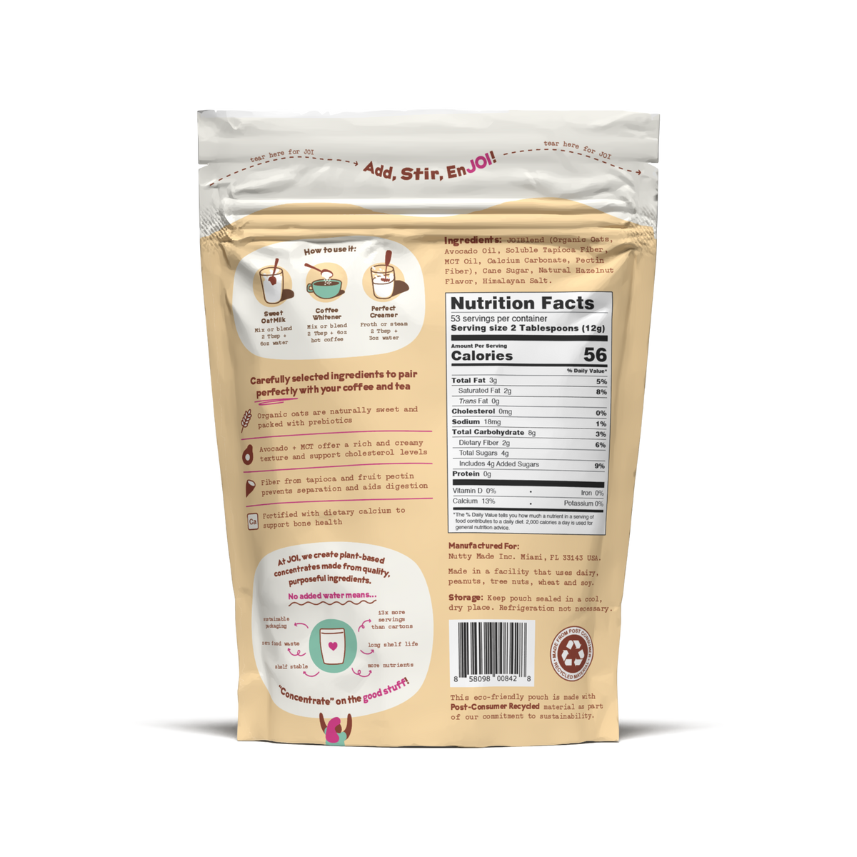 Vegan Oat Milk Creamer Hazelnut - Shelf Stable & Low Sugar|JOI