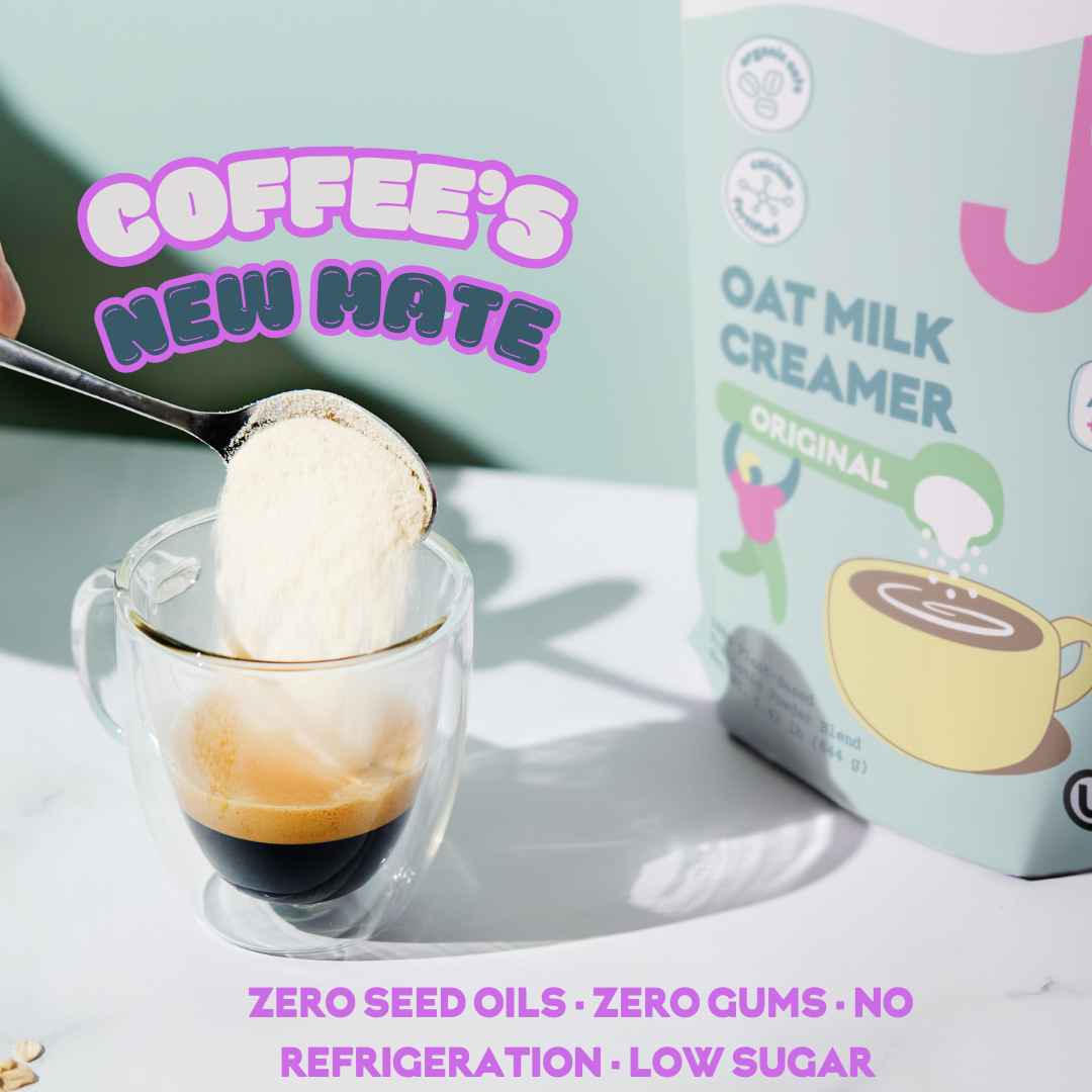JOI Oat Milk Creamer in an original flavor is poured into a mug of espresso, with text 