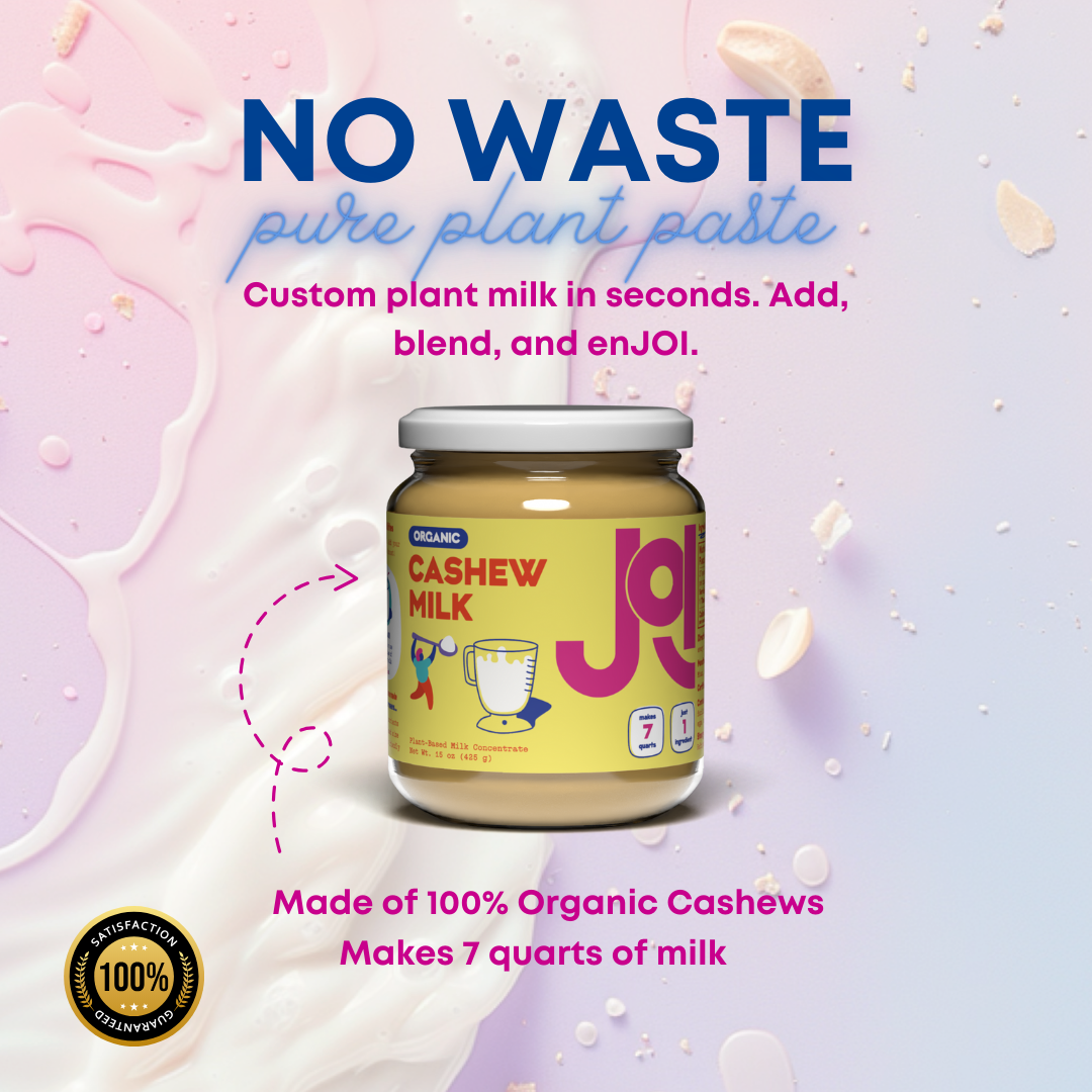 JOI Organic Cashew Milk concentrate is shown in a jar on a pastel background with text 