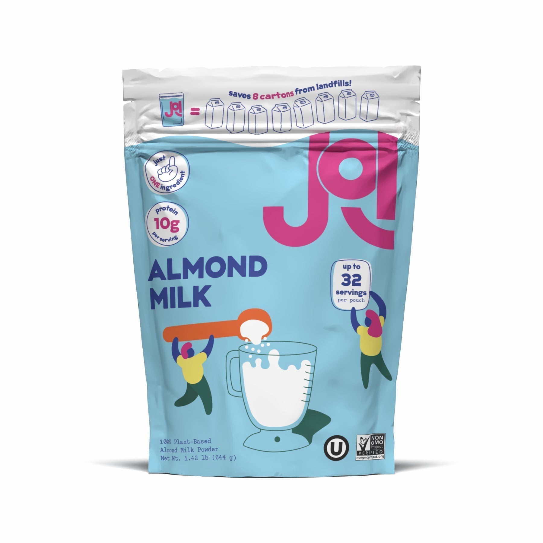 A light blue pouch of JOI Almond Milk Powder, showing a cartoon of a person making milk in a blender.