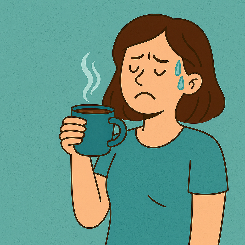 A cartoon woman with sweat droplets on her temple looks sad while holding a steaming mug of JOI coffee.