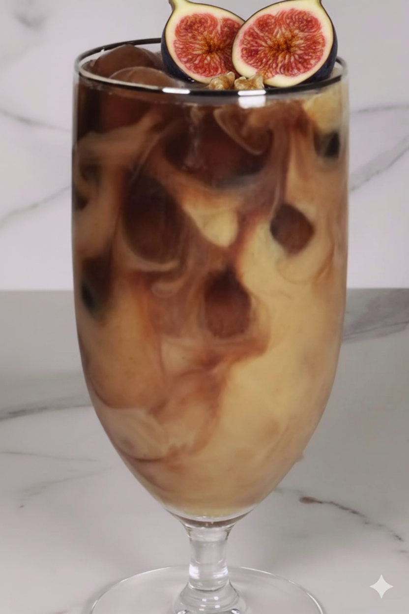A tall glass of creamy iced coffee with coffee ice cubes and swirls of JOI plant base, garnished with figs and pecans.