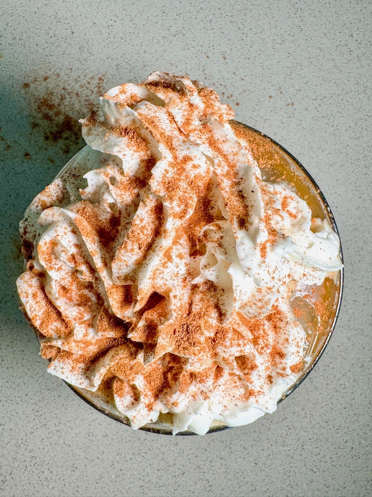 An overhead close-up of a frothy iced pumpkin spice latte with whipped cream and a dusting of cinnamon.