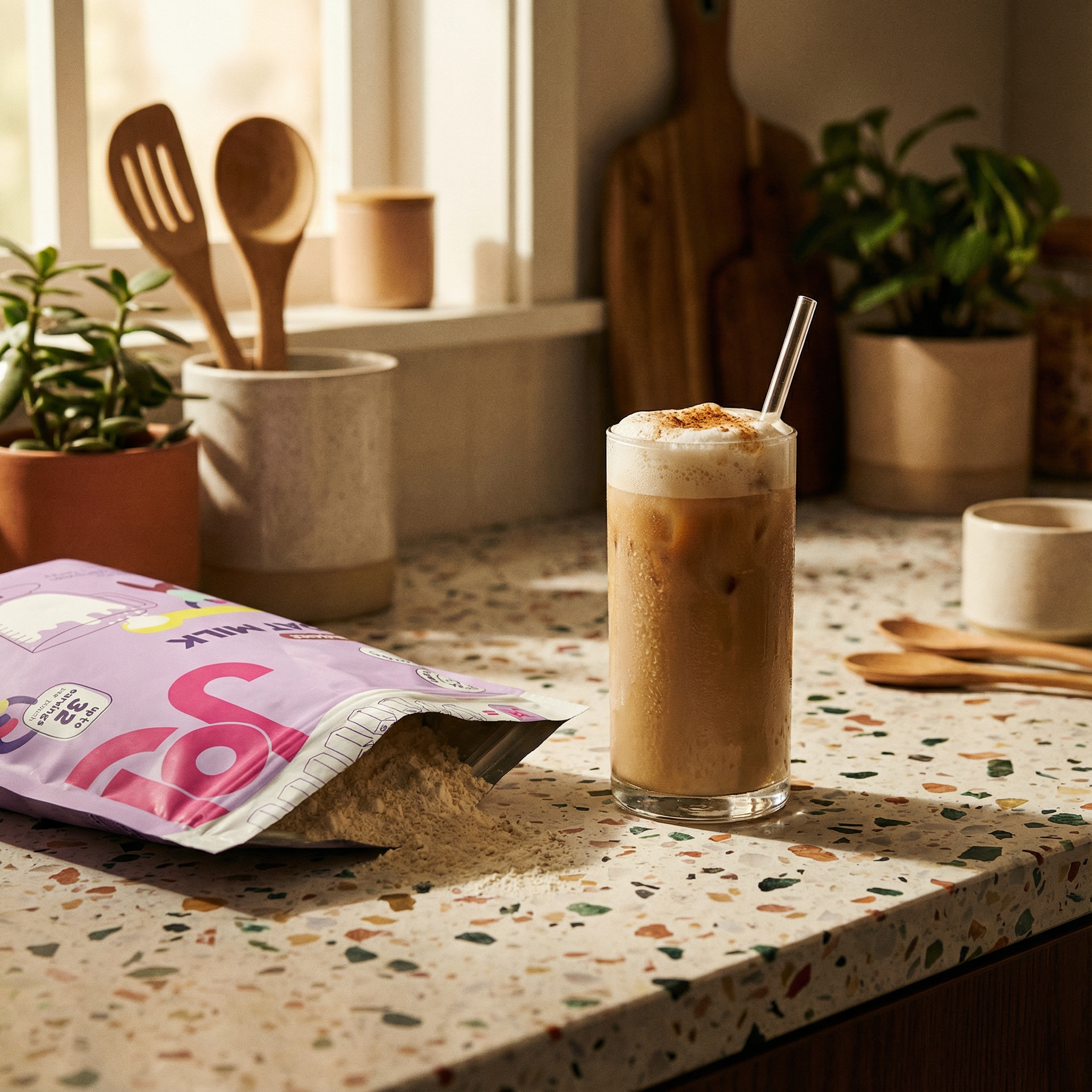 A glass of iced latte made with 100% organic JOI oat milk powder.