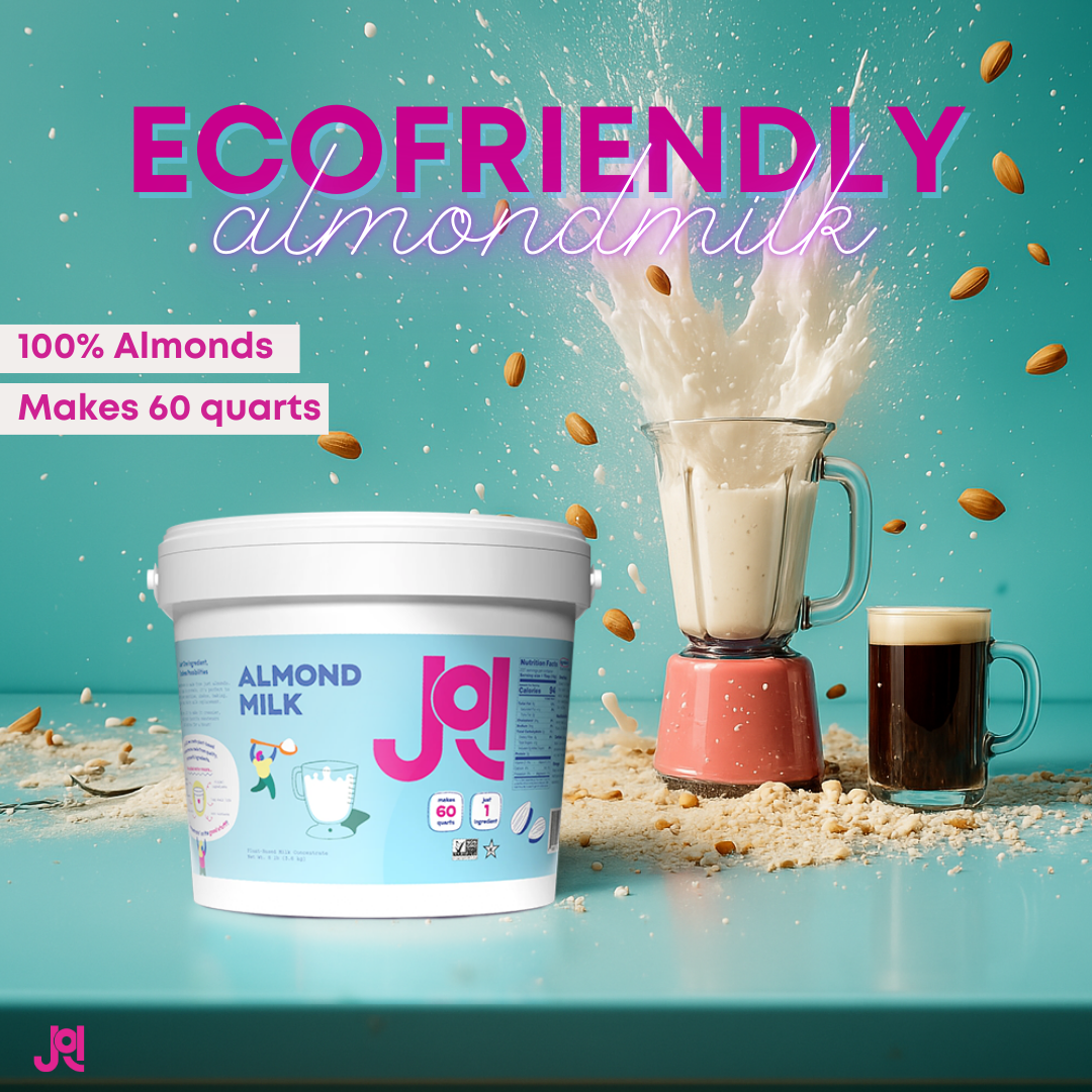 Product shot of JOI almond milk powder beside a mixer and a cup of tea, highlighting a vegan milk option for hot beverages.