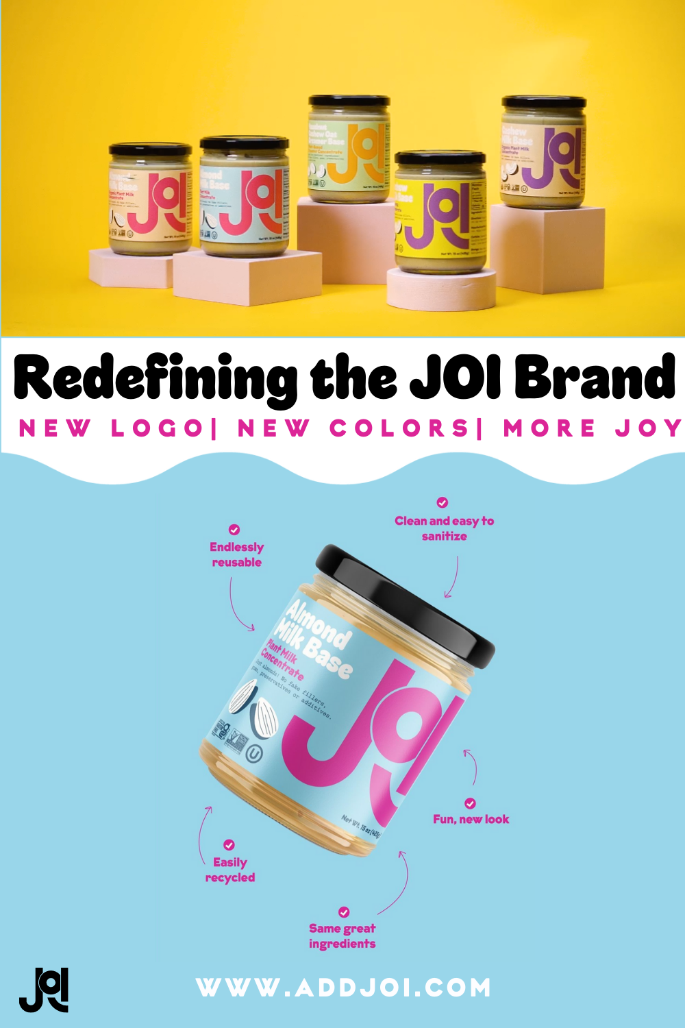 Six JOI almond milk base jars with colorful new labels sit on pink risers, promoting a brand refresh.