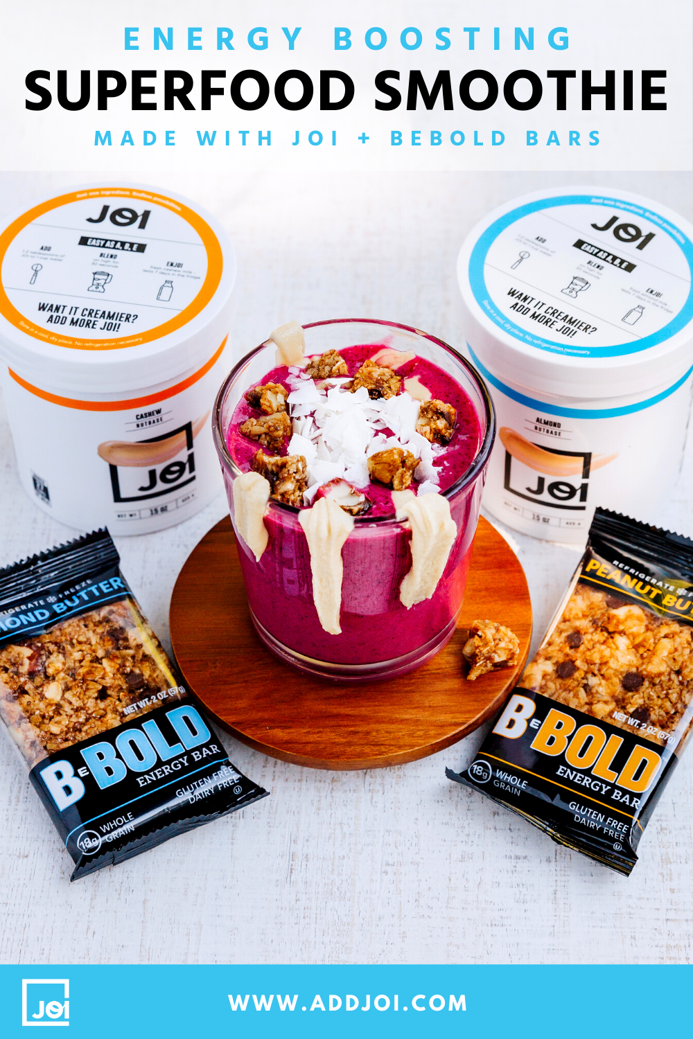 Energy Boosting Superfood Smoothie Made with JOI + BeBold Bars
