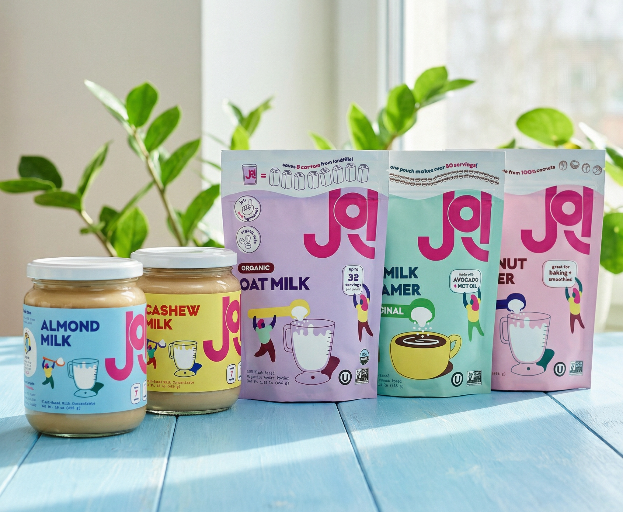 The product range of JOI’s plant-based products on a kitchen countertop.