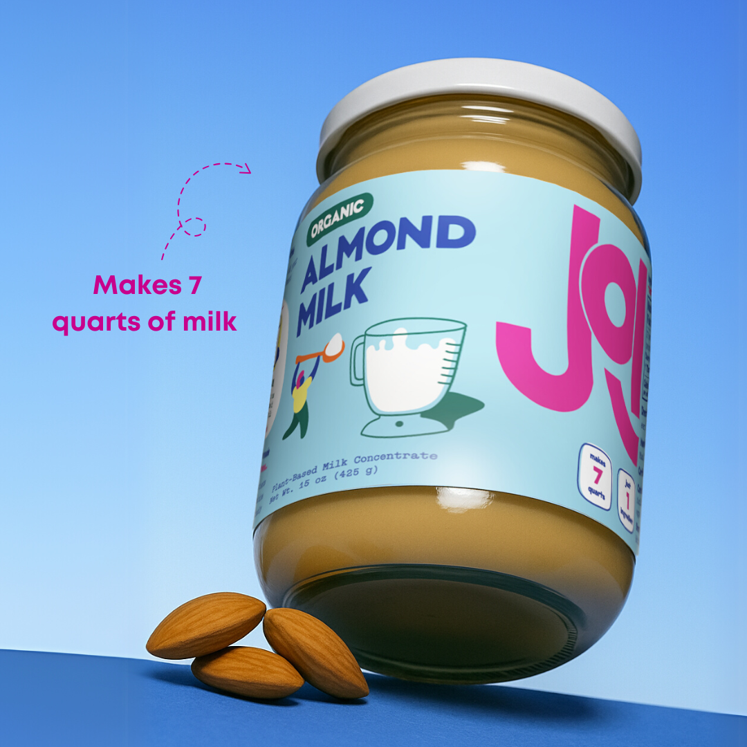 A product display of a jar of JOI’s Organic Almond Milk. 