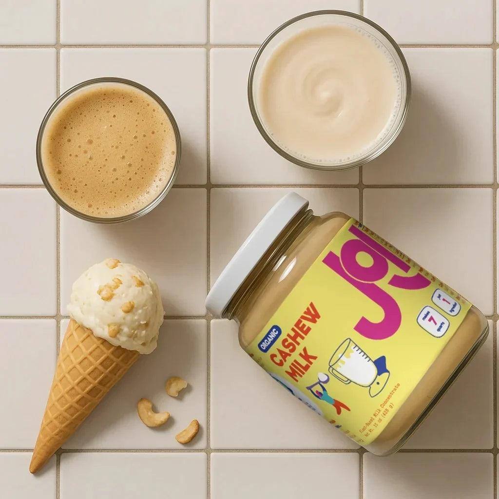 JOI Organic Cashew Milk base that goes with every recipe, with an ice cream cone and coffee nearby.
