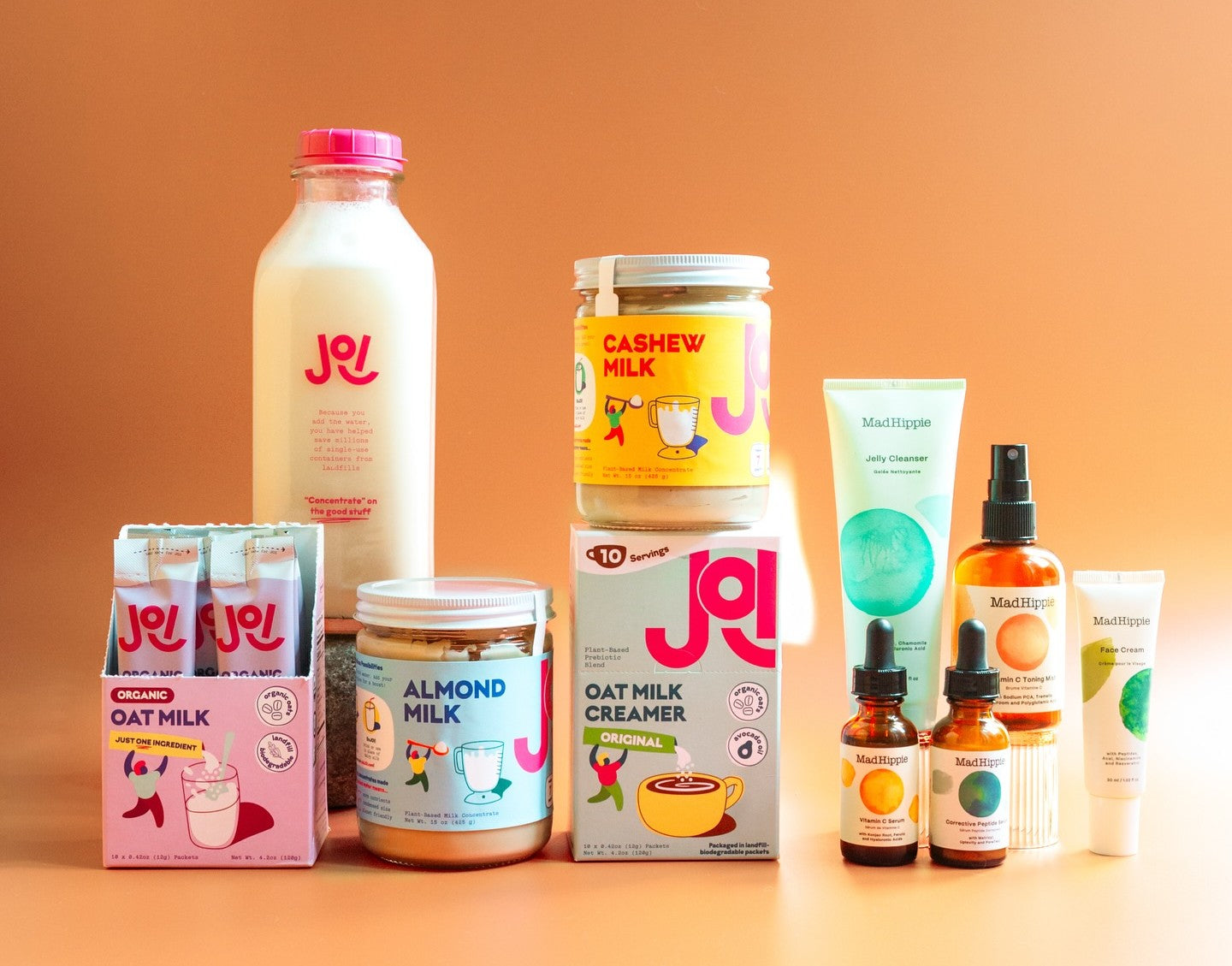 Product image of JOI oat milk creamer, almond milk base, and cashew milk base. 