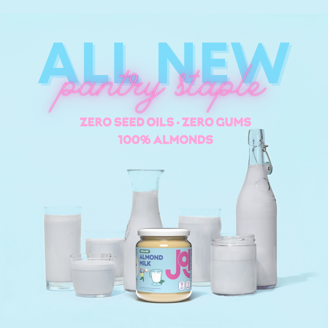 Joi Almond Milk Powder jar with zero seed oils, zero gums, 100% almonds.