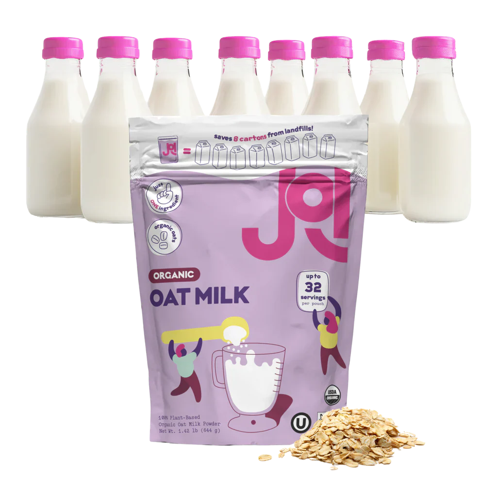 A poster that shows the product shot of organic oat milk powder from JOI.