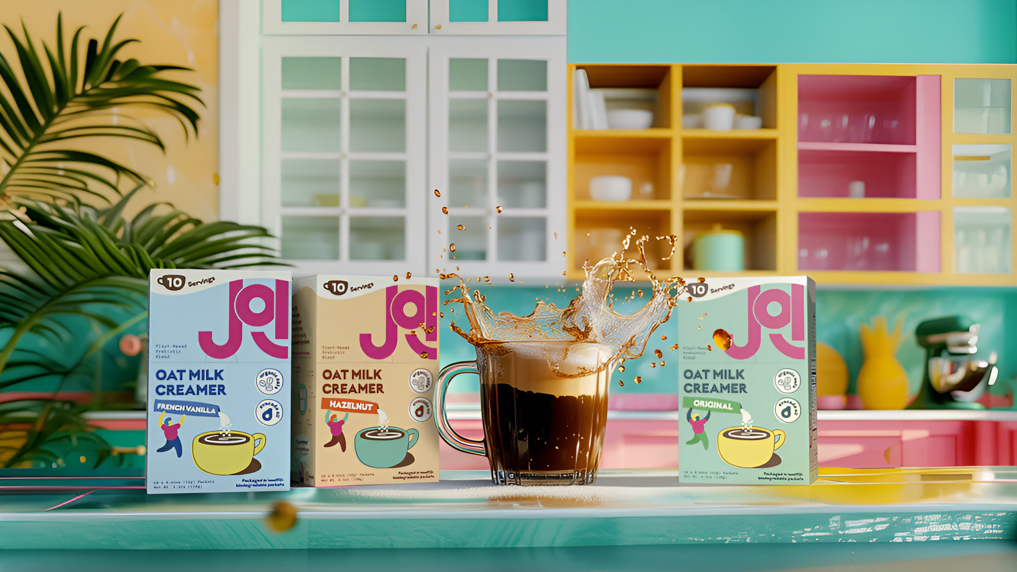 JOI oat milk creamers in three flavors beside a splashing cup of coffee on a colorful kitchen counter.