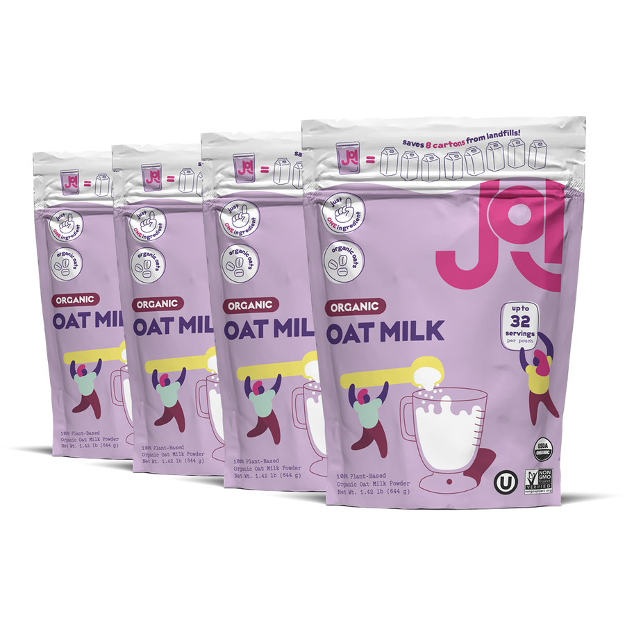 Four packages of JOI Organic Oat Milk on a white background