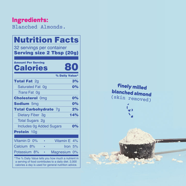 JOI Almond Milk Powder, finely milled from blanched almonds, with nutrition facts showing 80 calories per serving.