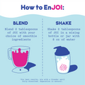 An infographic for JOI Almond Milk Powder, showing two ways to prepare: blend with smoothie ingredients or shake with water.