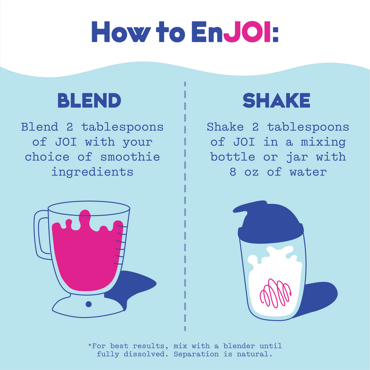 An infographic for JOI Almond Milk Powder, showing two ways to prepare: blend with smoothie ingredients or shake with water.