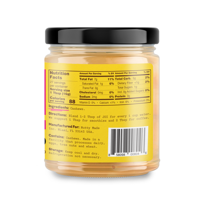 A JOI Cashew Base 2-Pack Bundle, showing the nutrition facts, ingredients, and directions for the Cashew Base concentrate.