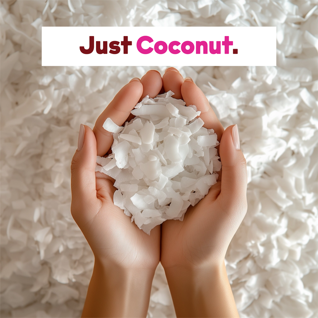 Hand holding shredded coconut with text above saying "Just Coconut: