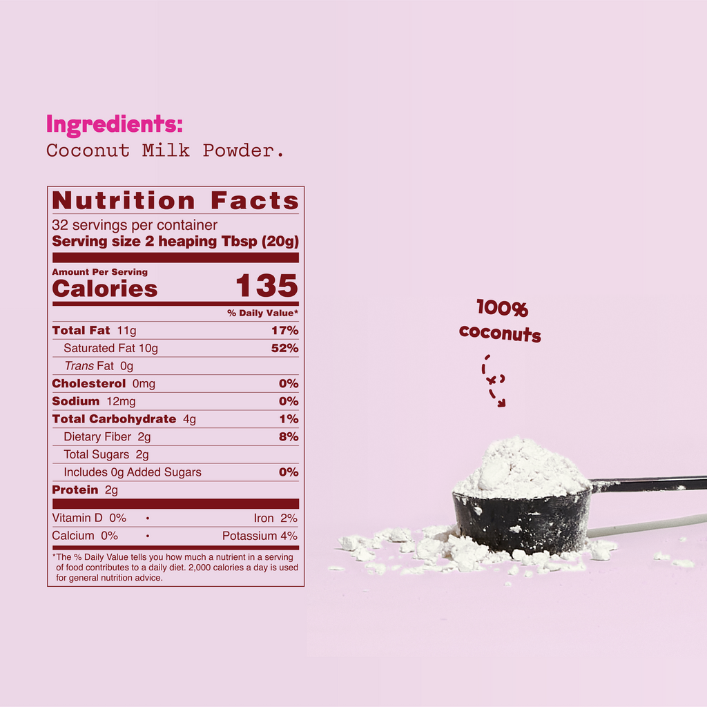 Nutritional panel image on a pick background next to a scoop of white coconut powder.