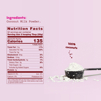 Nutritional panel image on a pick background next to a scoop of white coconut powder.