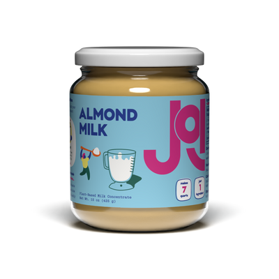 Jar of JOI almond milk on a white background