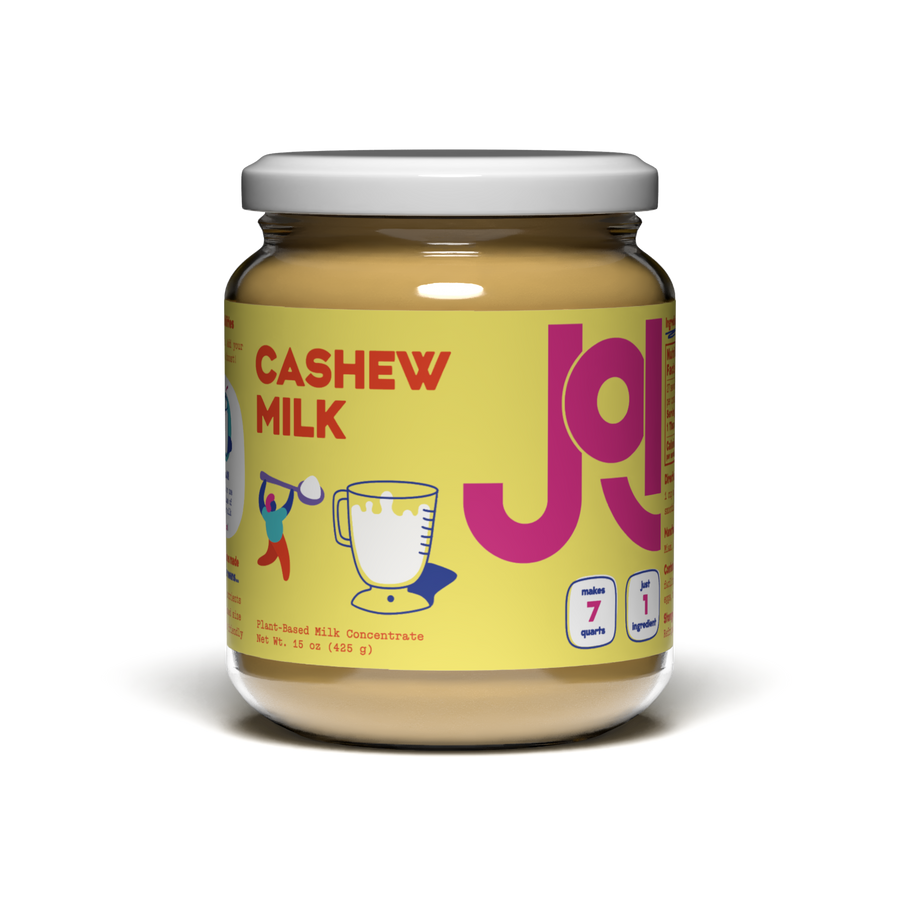 Jar of JOI cashew milk with a colorful label on a white background