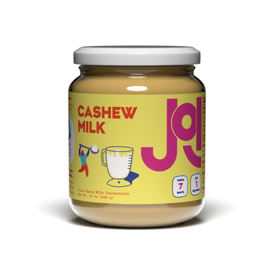 Jar of JOI cashew milk with a colorful label on a white background