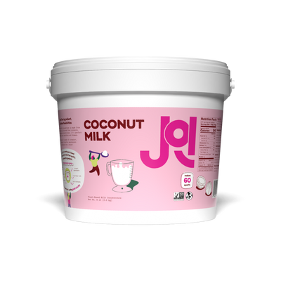 Front view of a JOI coconut milk concentrate bucket with pink label displayed on a transparent background.
