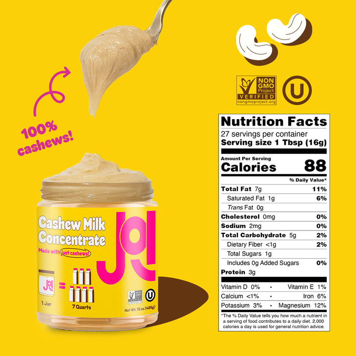 A JOI Cashew Base concentrate is shown being scooped, with an ingredients label and "100% cashews!" slogan.