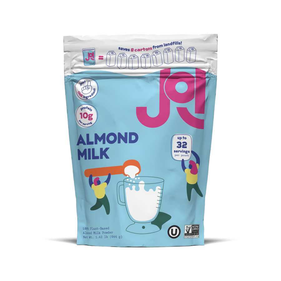 Front view of JOI almond milk concentrate jar with label visible