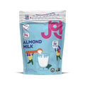 A stand-up pouch of JOI Almond Milk Powder, showing cartoon figures mixing the powder into a drink with 10g protein and 32 servings.