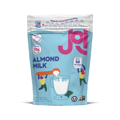 Front view of JOI almond milk concentrate jar with label visible