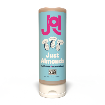 JOI Almond Base for nut butter and milk in a light blue squeeze tube, featuring almonds and Non-GMO Project Verified seal.