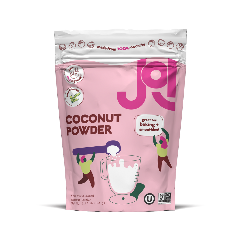 Pink package of coconut powder with 'JOI' branding on a white background