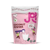 Pink package of coconut powder with 'JOI' branding on a white background