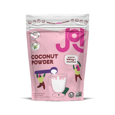 Pink package of coconut powder with 'JOI' branding on a white background