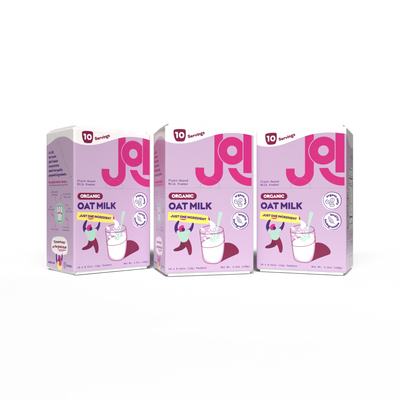 Three JOI Organic Oat Milk boxes displayed side by side, featuring “Just One Ingredient,” organic oats, and plant-based oat milk powder packaging.