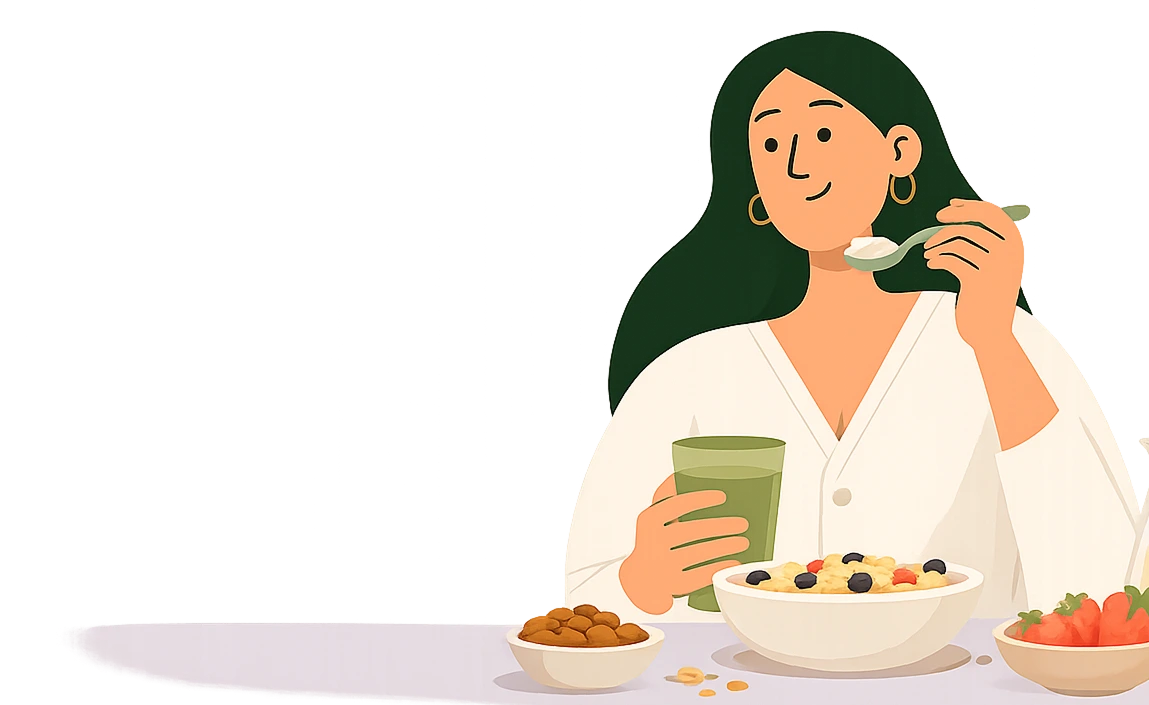 A woman enjoying a bowl of cereal with berries and a glass of milk made with JOI plant base.