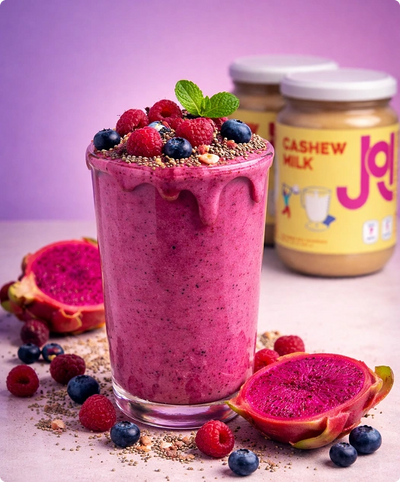 Berry smoothie topped with fresh fruit and seeds, made with cashew milk concentrate.