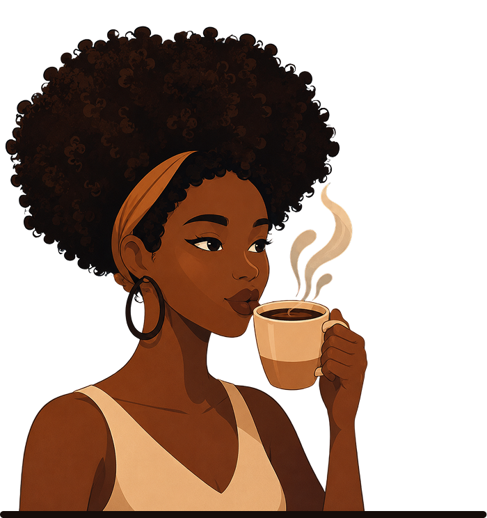 Illustration of a woman with curly hair holding and sipping a steaming cup of coffee.
