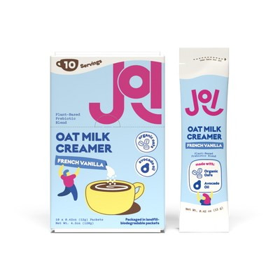 JOI French Vanilla Oat Milk Creamer box with matching single-serve stick pack beside it, featuring organic oats, avocado oil, and plant-based oat milk creamer branding.