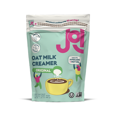 JOI Oat Milk Creamer Original pouch with avocado and MCT oil, featuring a coffee cup illustration and text reading “One pouch makes over 50 servings!”.