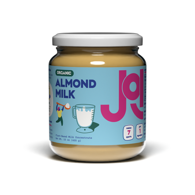Front view of JOI almond milk concentrate jar showing nutrition facts, ingredients, barcode, and product information on a transparent background.
