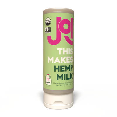 Front view of JOI hemp milk base stick with “This Makes Hemp Milk” text on a green label.