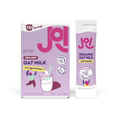 JOI Organic Oat Milk box with matching single-serve stick pack beside it, featuring “Just One Ingredient,” organic oats, and plant-based oat milk powder.